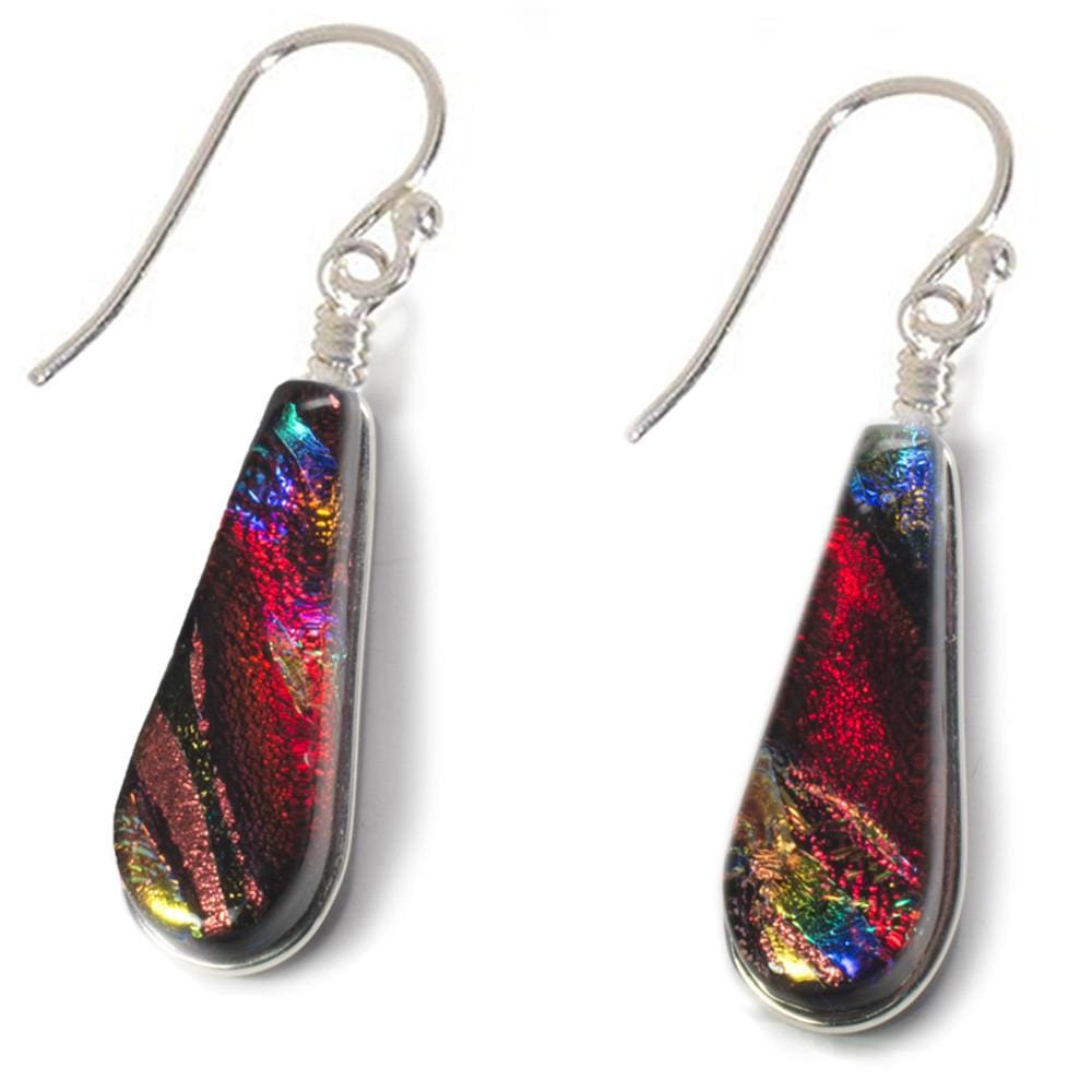Sunburst Falls Earrings - Rainbow Red by Nickel Smart. Small teardrop dichroic glass dangle earrings
