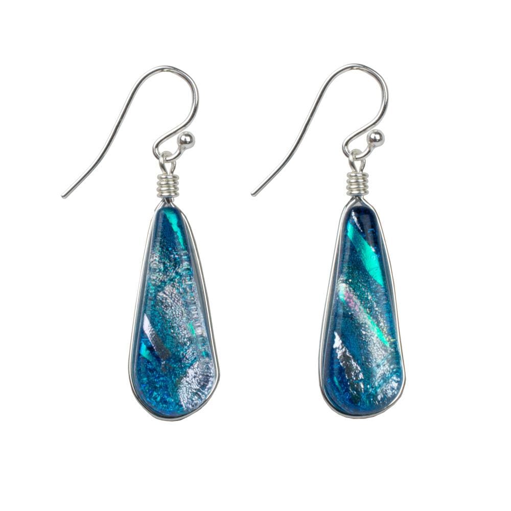 Sunburst Falls Earrings - Sea Blue by Nickel Smart. Mostly blue teardrop shaped dichroic glass.