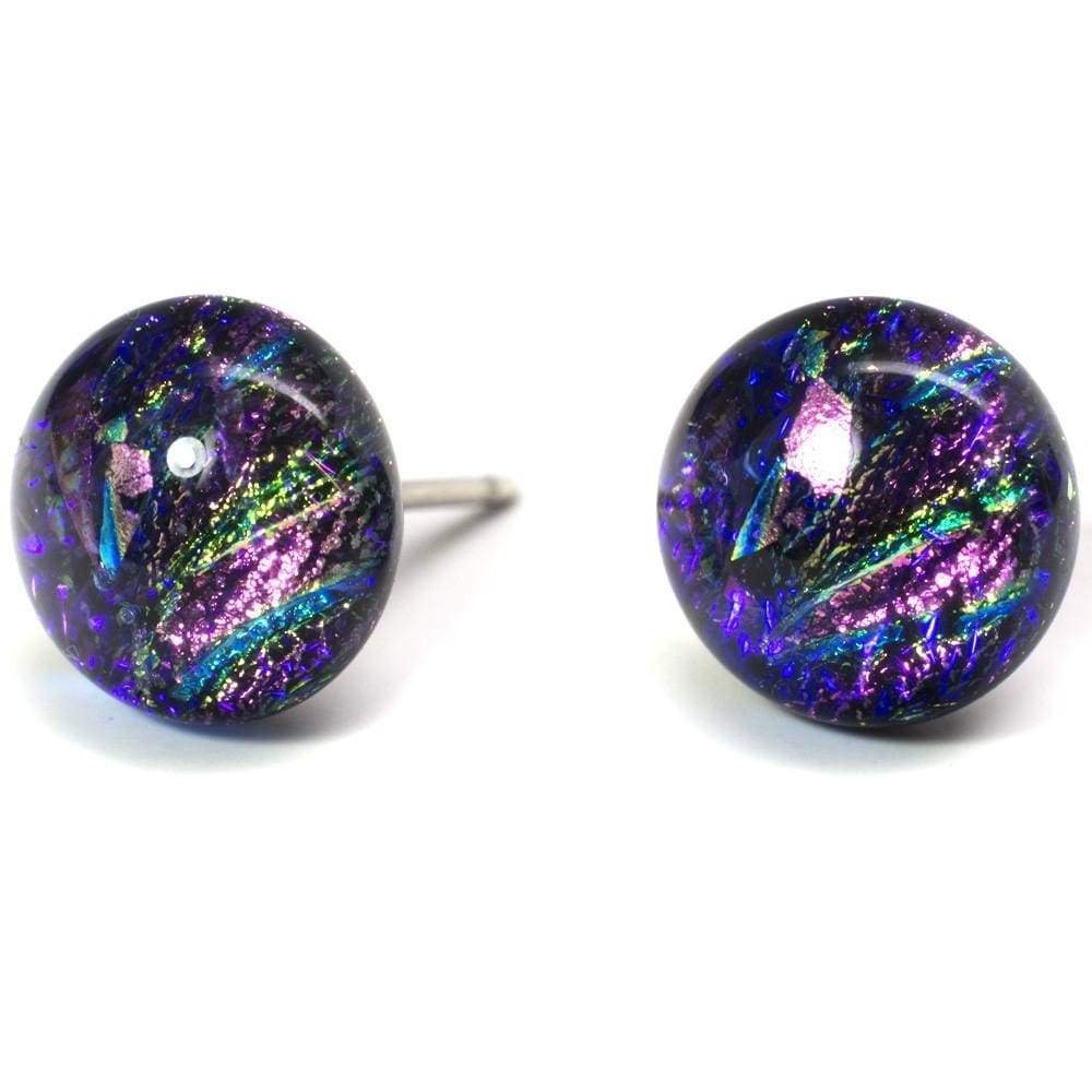 Supernova Earrings by Nickel Smart. Half-dome dichroic glass post earrings in rainbow purple.