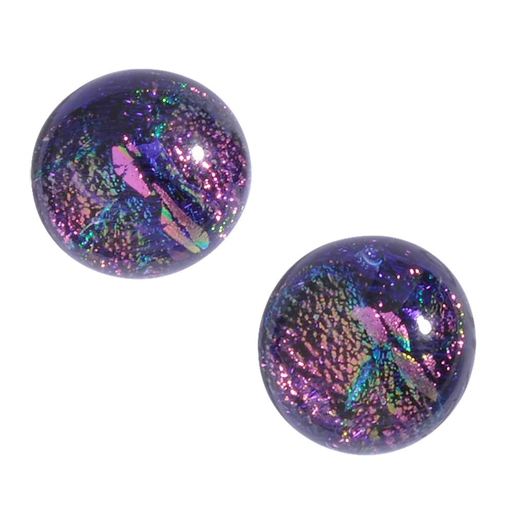 Supernova Earrings. Front of earrings are half-spheres in purples, pinks, blues, and yellows.