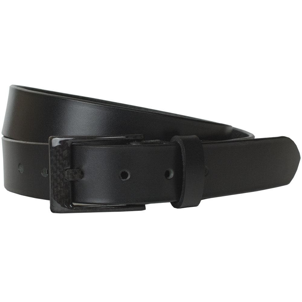 Classified Black Leather Belt. Strap is solid piece of black leather. Squared carbon fiber buckle.