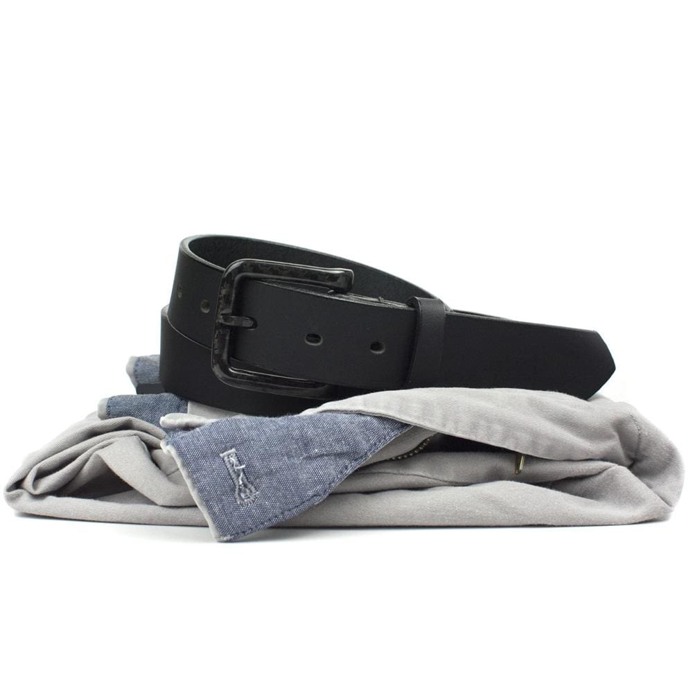 Specialist Black Belt stacked on folded khakis. Dress or dress-casual belt. All-black, sophisticated