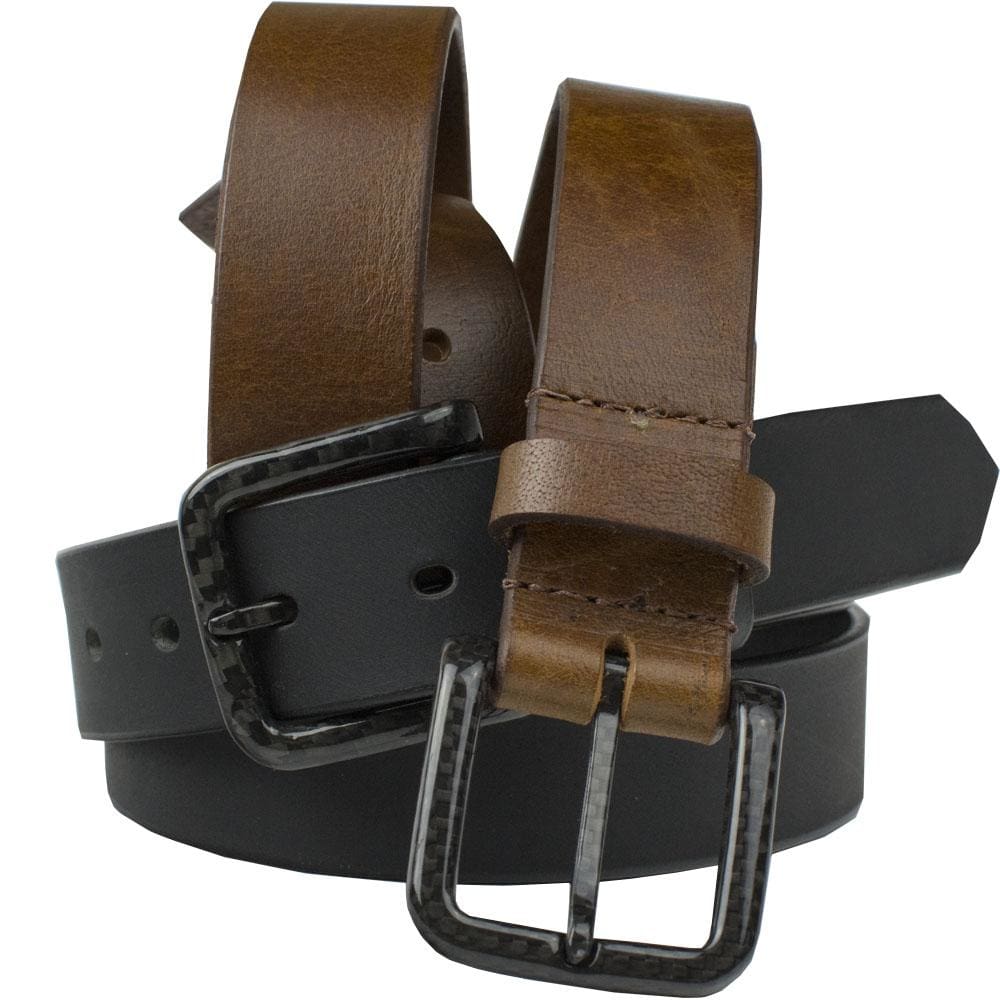 The Specialist Belt Set by Nickel Smart. Brown strap; black strap. Same carbon fiber buckle on each.