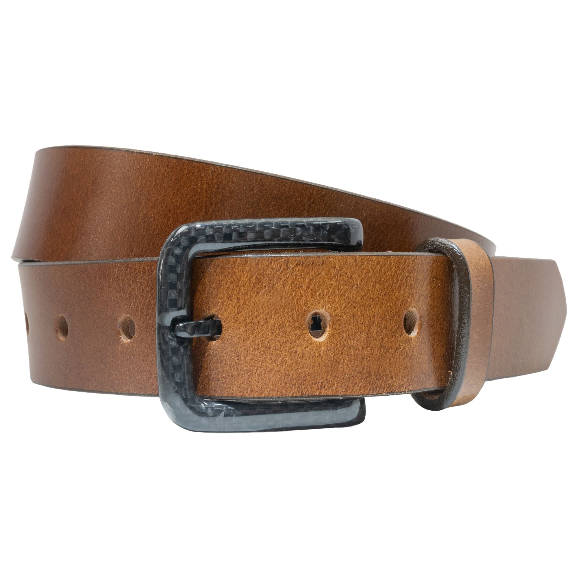 Specialist Brown Belt. Square black carbon fiber buckle with rounded corners; single prong.