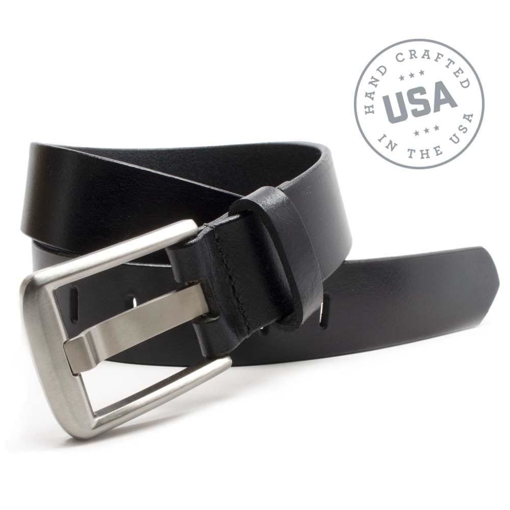 Titanium Wide Pin Black Belt. Handcrafted in the USA. Buckle stitched on to strap. Dyed black edges.