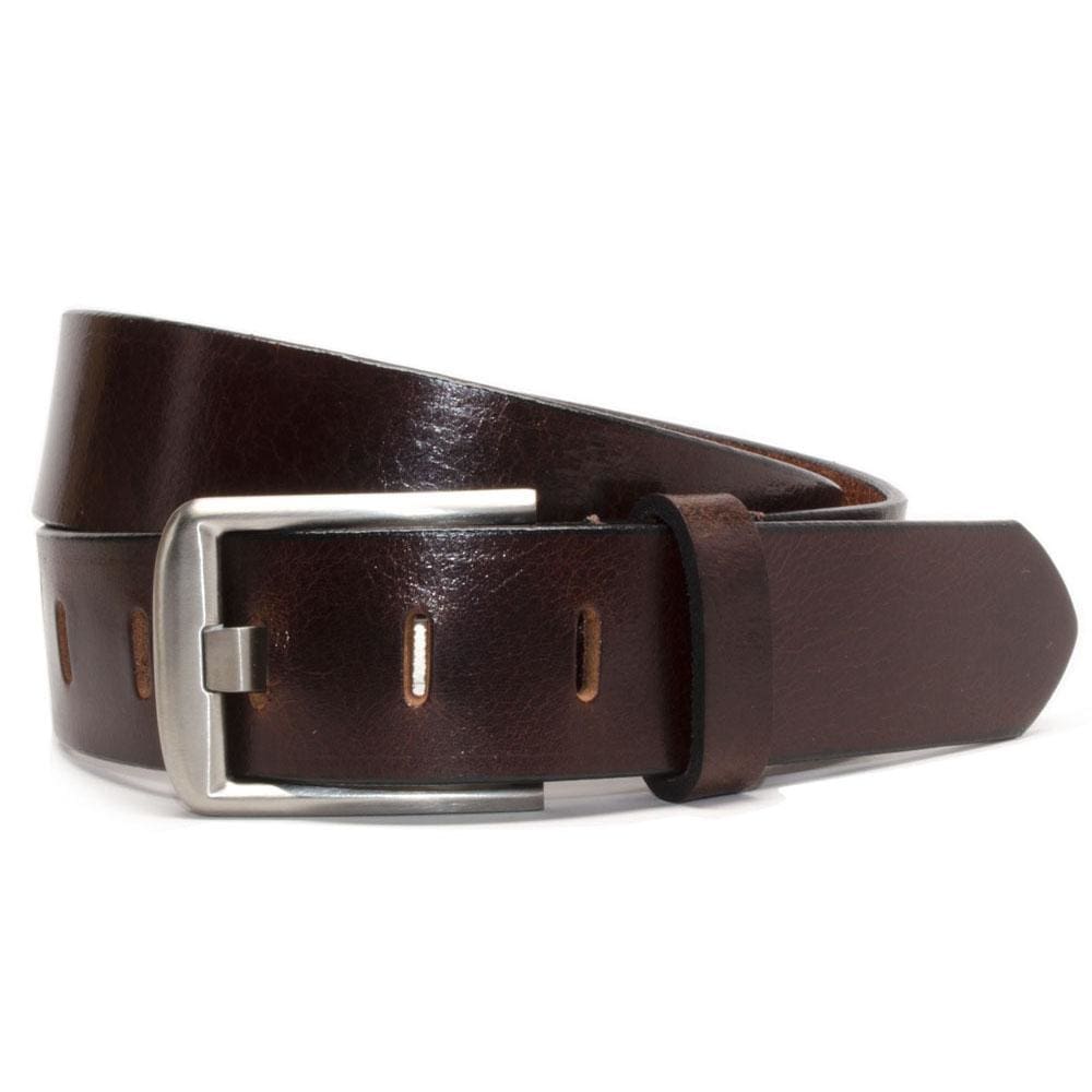 Titanium Wide Pin Brown Belt. One solid piece of shiny dark brown leather. Dyed black edges. 