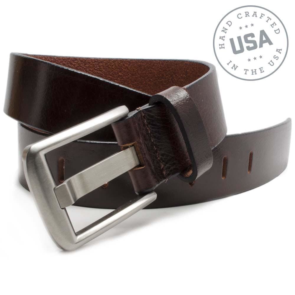 Titanium Wide Pin Brown Belt by Nickel Smart. Handcrafted in the USA. Buckle stitched to strap.