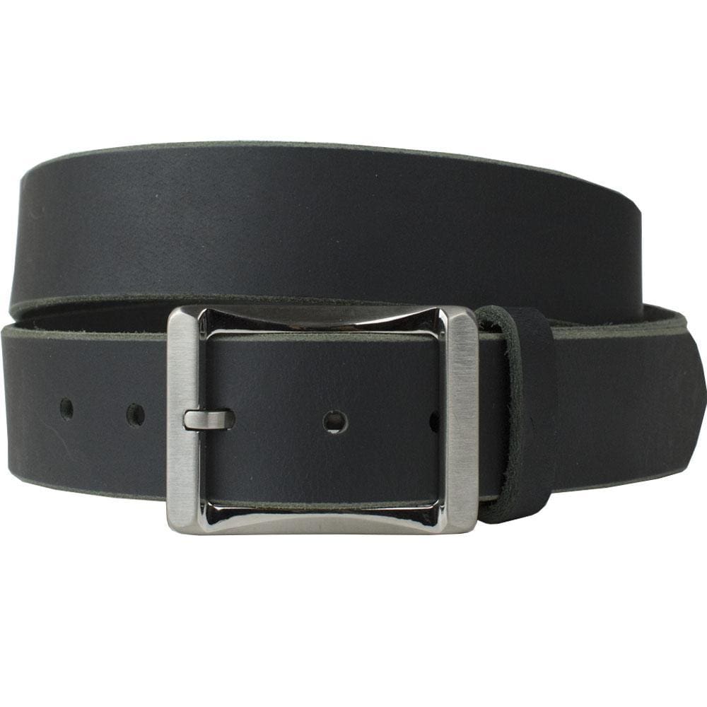 Titanium Work Belt II (Black). Solid piece of black leather with raw edges. Durable belt and buckle.