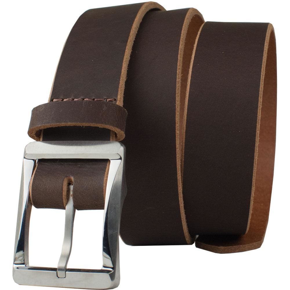 Titanium Work Belt II (Brown) by Nickel Smart. Solid brown leather strap; silver-y titanium buckle.