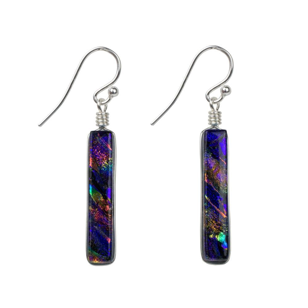 Twin Falls Earrings - Rainbow Purple by Nickel Smart. Narrow rectangular dichroic glass dangles.