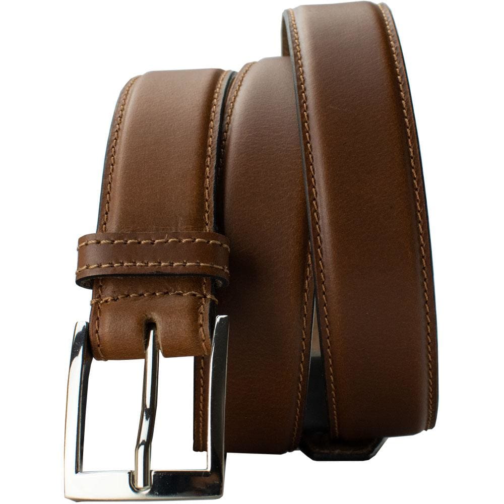 Uptown Tan Dress Belt by Nickel Smart. Light brown strap. Silver-tone zinc alloy buckle. 1.38 inches