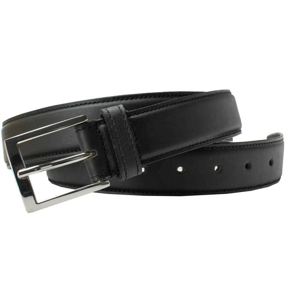 Uptown Black Dress Belt. Buckle stitched to strap with domed center and single stitch edges.