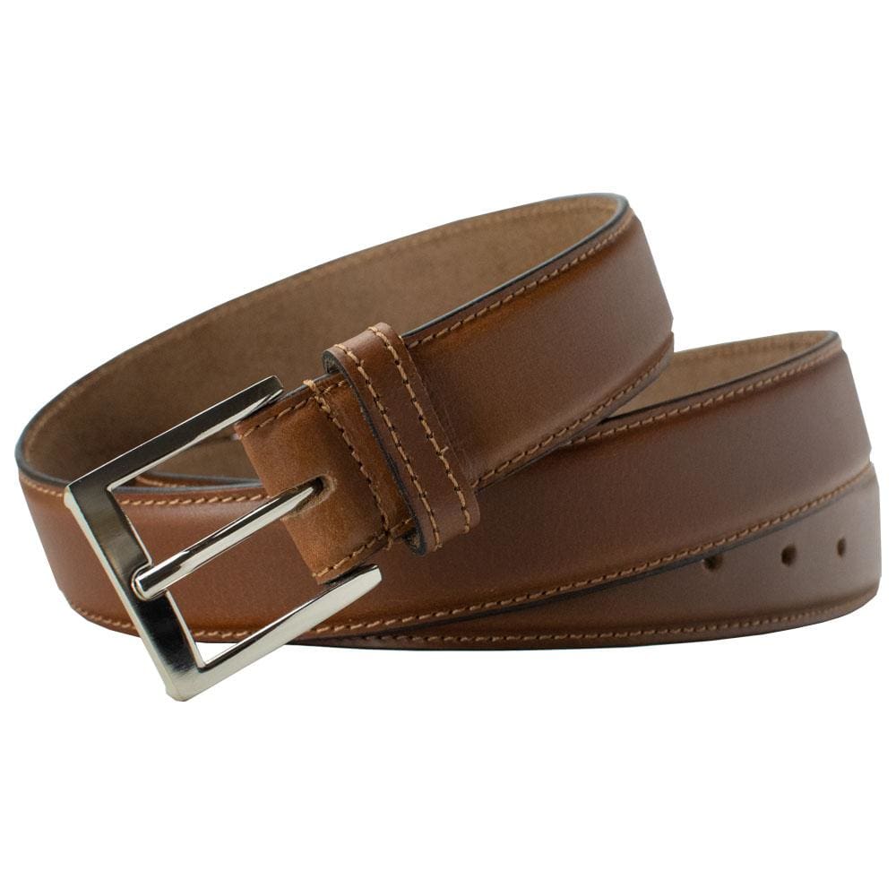 Uptown Tan Dress Belt. Classic dress belt styling: raised center, single stitching, finished edges.