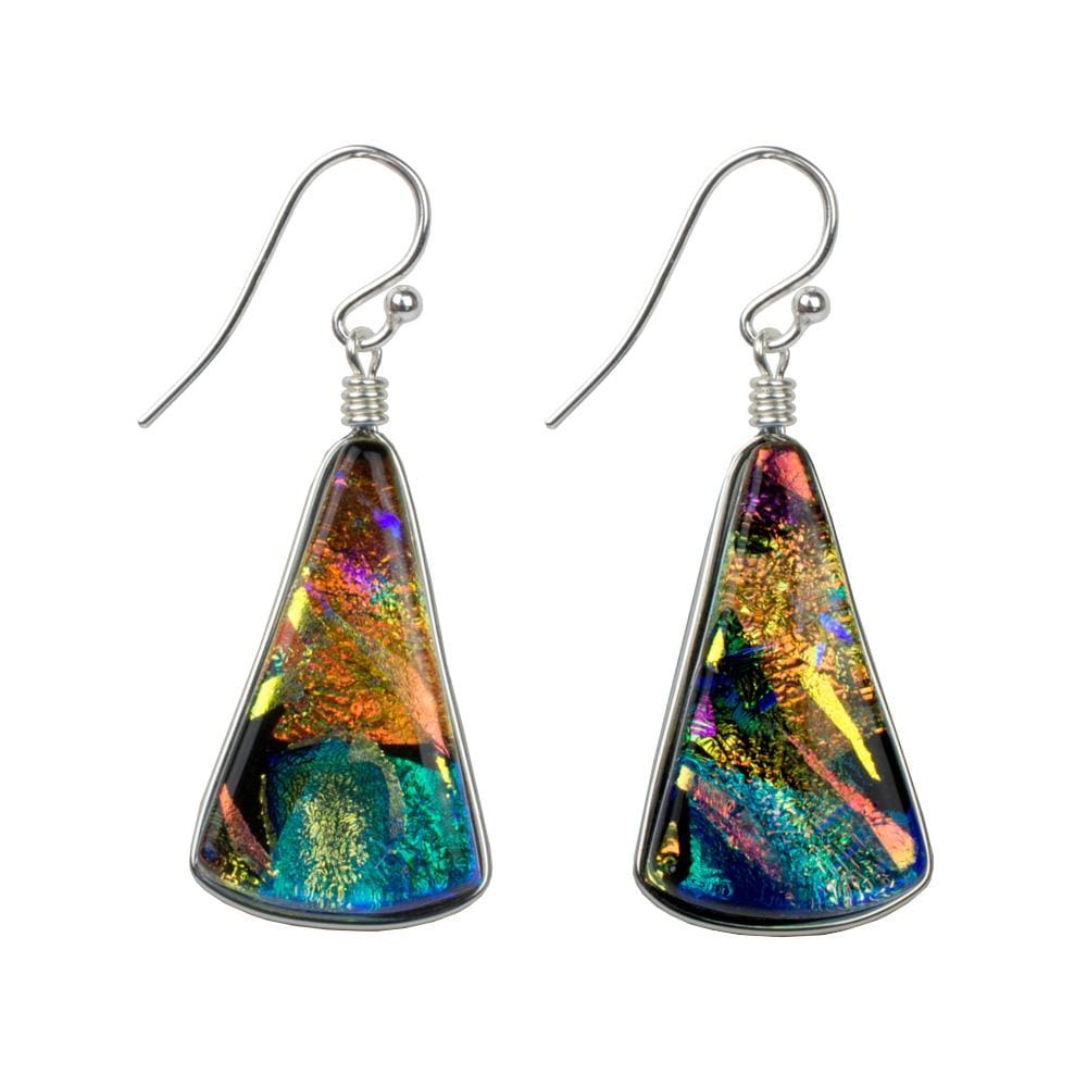 Window Waterfalls Earrings - Kaleidoscope by Nickel Smart. Triangular dichroic glass dangle earrings