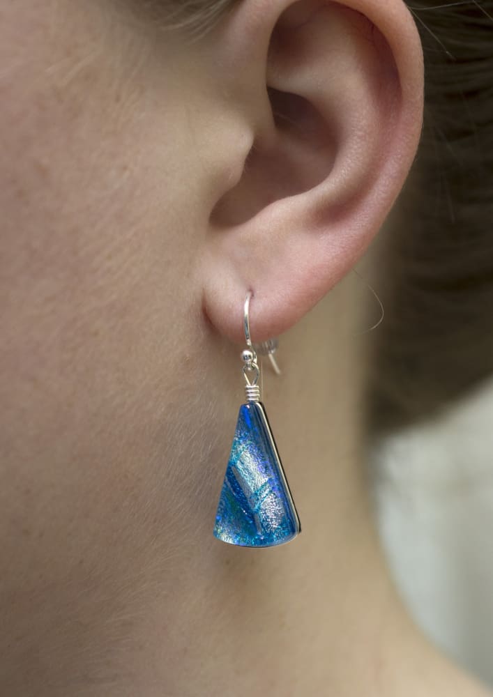 Window Waterfalls Earrings - Sea Blue on model. No rash! Approximately 1.5 inches or 38 mm long.
